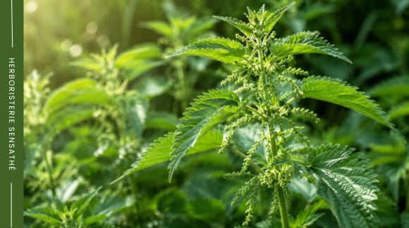 Grande ortie (Urtica dioica) fraîche, plante riche en fer et minéraux, utilisée en phytothérapie avec précaution pendant la grossesse - Herboristerie Sensathé